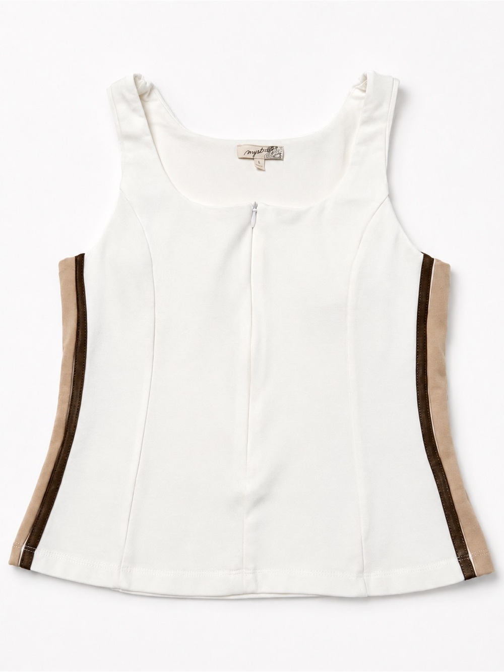 Mystree Women’s Small Ivory Corset Tank Top Front Zip Brown Side Stripe Y2K